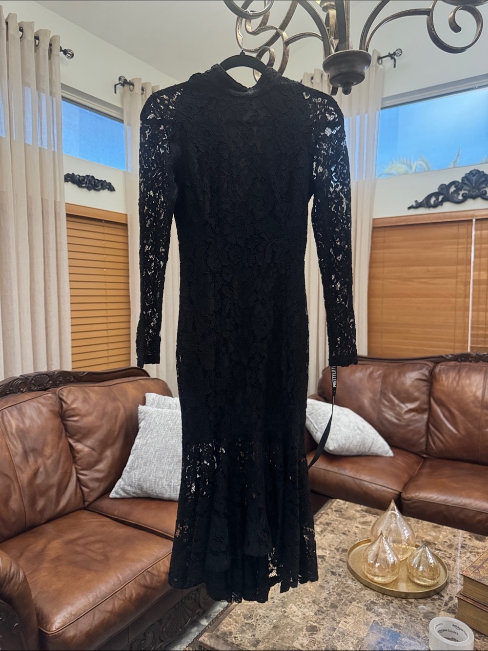 PrettyLittleThing Black Lace Long Sleeve Midi Dress